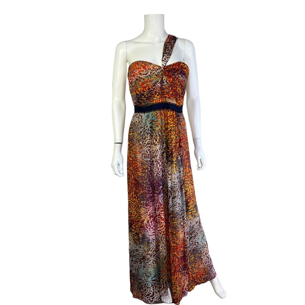 BCBG Max Azria Dress Maxi  Inga One Shoulder Silk Abstract Chiffon Metallic Sz 8